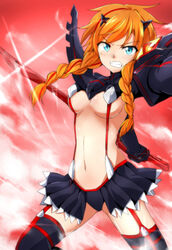  anna_(frozen) bad_id bad_pixiv_id blue_eyes braid breasts commentary_request cosplay female freckles frozen_(disney) highres kago-tan kill_la_kill long_hair matoi_ryuuko matoi_ryuuko_(cosplay) medium_breasts navel orange_hair photoshop_(medium) scissor_blade_(kill_la_kill) senketsu signature skirt solo suspenders twin_braids underboob 