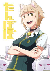  animal_ears blonde_hair blush breasts cat_ears commentary_request crossed_arms female kuraishi_tanpopo large_breasts school_uniform seven_(11) short_hair solo witch_craft_works yellow_eyes 