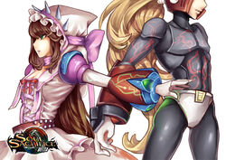  1boy akai_sashimi alternate_costume android belt blonde_hair breasts brown_hair cleavage cosplay ct_wind dress dress_bow female green_eyes hood hooded_dress iris_(rockman_x) logo long_hair medium_breasts outstretched_arm ponytail profil rockman rockman_x smile soul_sacrifice spiked_hood very_long_hair white_background white_gloves zero_(rockman) 