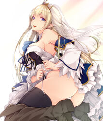  :d ass bare_shoulders black_thighhighs blue_eyes blush boots breasts commentary_request cover cover_page crown detached_sleeves dress elf female helene_teresia_mercouri highres kneeling kujibiki_tokushou:_musou_harem-ken long_hair looking_at_viewer luna_lia novel_cover novel_illustration official_art open_mouth panties pointy_ears see-through side-tie_panties simple_background smile solo thighhighs transparent underwear veil very_long_hair white_background white_panties 