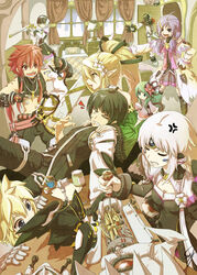  3boys 4girls :d :o airelinna_(elsword) aisha_landar anger_vein antenna_hair bare_shoulders bed black_gloves black_hair black_legwear black_pants black_shirt blade_master_(elsword) blonde_hair blue_eyes bottle chung_seiker clenched_teeth closed_eyes code:_nemesis_(elsword) commentary_request crop_top curtains detached_sleeves disembodied_hand drawer dress drone elemental_master_(elsword) elf elsword elsword_(character) eve_(elsword) facial_mark fairy fingerless_gloves flask flower forehead_jewel frills gauntlets gloves green_hair gun hair_flower hair_ornament hair_over_shoulder hairclip hand_on_own_hip hands_on_another&#039;s_shoulders highres holding holding_gun holding_weapon indoors lamp long_hair long_sleeves low_twintails lying mechanical_arms miniskirt moby_(elsword) multiple_boys multiple_girls oberon_(elsword) one_eye_closed open_mouth ophelia_(elsword) outstretched_arm pants paper photoshop_(medium) pillow pleated_skirt pointing pointy_ears ponytail profile raven_cronwell red_eyes red_hair rena_erindel robe robot rune_slayer_(elsword) screwdriver servati shirt short_hair shotgun sidelocks signature single_mechanical_arm sitting skirt smile standing striped_clothes striped_shirt table teeth thighhighs twintails vertical_stripes weapon white_hair wide_sleeves wind_sneaker_(elsword) window wire yellow_eyes zettai_ryouiki 