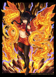  bad_id bad_pixiv_id bandages bare_shoulders black_footwear black_hair black_thighhighs boots breasts cleavage company_name dragon female fire full_body glowing glowing_eyes highres long_hair looking_at_viewer medium_breasts midriff navel official_art open_mouth outstretched_arms ponytail pyrokinesis rock saltydanshark scrunchie selector_wixoss sidelocks solo thigh_boots thighhighs wixoss yellow_eyes yuzuki_(wixoss) 