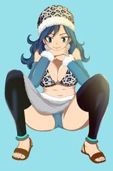  bare_shoulders blue_eyes blue_hair breasts cleavage fairy_tail female female juvia_loxar long_hair sandals smile thighhighs 