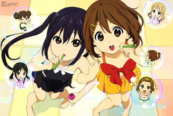  6+girls absurdres akiyama_mio barefoot bikini bikini_skirt black_bikini black_hair black_one-piece_swimsuit blonde_hair blowing_bubbles blue_bikini blue_eyes blush blush_stickers brown_eyes brown_hair collarbone crop_top diagonal-striped_bikini diagonal-striped_clothes diagonal_stripes front-tie_bikini_top front-tie_top green_bikini hair_between_eyes hair_ornament hair_ribbon hairband hairclip hands_on_own_chin highres hirasawa_ui hirasawa_yui horiguchi_yukiko in_bubble k-on! kotobuki_tsumugi light_brown_hair locked_arms long_hair looking_at_another looking_at_viewer magazine_request magazine_scan mismatched_bikini multicolored_bikini multicolored_clothes multiple_girls nakano_azusa official_art one-piece_swimsuit one_eye_closed open_mouth orange_bikini pigeon-toed ponytail print_shirt red_bikini red_eyes ribbon round_teeth scan seiza shirt short_hair short_twintails sitting smile star_(symbol) star_print striped_clothes striped_shirt suzuki_jun swimsuit tainaka_ritsu teeth thick_eyebrows tongue twintails two-tone_bikini v white_bikini yellow_eyes yellow_hairband yellow_ribbon 