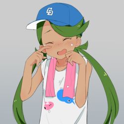  blue_hat blush closed_eyes commentary_request dark-skinned_female dark_skin female green_hair grey_background hat long_hair mallow_(pokemon) ninchan open_mouth pokemon pokemon_sm shirt simple_background solo t-shirt tears twintails upper_body 