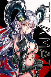  black_gloves braid breasts character_name closed_mouth commentary_request curled_horns eien_no_juu_nana-sai elbow_gloves fate/grand_order fate_(series) female gloves grey_hair hair_between_eyes highres horns large_breasts long_hair looking_at_viewer looking_to_the_side multicolored_background pointy_ears revealing_clothes smile solo striped_clothes striped_gloves tiamat_(fate) vertical-striped_clothes vertical-striped_gloves very_long_hair 