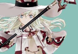  alternate_costume alternate_headwear blonde_hair blue_eyes commentary cosplay cropped_jacket female final_fantasy gloves hair_between_eyes hat holding holding_staff kantai_collection long_hair long_sleeves looking_at_viewer luicent simple_background solo staff u-511_(kancolle) white_gloves white_mage_(final_fantasy) white_mage_(final_fantasy)_(cosplay) witch_hat 