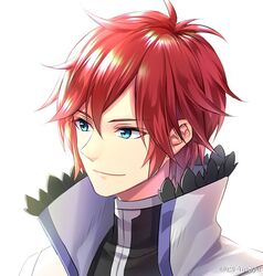  1boy althea_(sakiya0000) artist_name black_shirt blue_eyes coat commentary fur_trim high_collar male_focus portrait re:zero_kara_hajimeru_isekai_seikatsu red_hair reinhard_van_astrea shirt simple_background smile solo white_background white_coat 