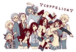  3boys 6+girls boots bow bowtie braid carrying commentary_request coppelion copyright_name fukasaku_aoi glasses hood hoodie hug ichikawa_meisa ikarimame itami_setsuna kneehighs kurosawa_haruto loafers long_hair miniskirt mizoguchi_ryouga mizoguchi_touma multiple_boys multiple_girls naruse_ibara necktie nomura_taeko open_mouth ozu_kanon ozu_shion plaid plaid_skirt pleated_skirt radiation_symbol school_uniform sepia serafuku shoes short_hair short_ponytail short_sleeves shoulder_carry skirt sleeves_rolled_up smile socks striped striped_bow striped_necktie sweater_vest tsuburaya_mana white_background yamada_kiara 