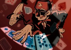  1boy ace_(playing_card) ace_of_spades bill_cipher bow bowtie card commentary_request crossed_fingers diamond_(shape) eyebrows eyepatch fez_hat formal gambling glasses gravity_falls grin hat highres jack_(playing_card) jack_of_spades joker_(playing_card) king_(playing_card) king_of_spades laughing limited_palette male_focus melon_(melon_cream_soda) necktie nine_of_hearts old old_man one-eyed playing_card poker queen_(playing_card) queen_of_spades red_background red_eyes smile spade_(shape) stanley_pines suit ten_of_diamonds ten_of_spades top_hat triangle 