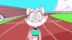  16:9 animated anthro bleachers blue_eyes bra clothing domestic_cat felid feline felis female flat_colors fur ghosttoast_(artist) jogging low_res mammal pink_body pink_fur running_track screencap shima_luan short_playtime solo sports_bra super_planet_dolan track underwear white_body white_fur widescreen 