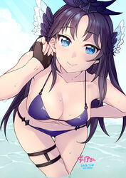  alternate_costume artist_name bad_id bad_pixiv_id bikini blue_eyes blush breasts character_name cowboy_shot dahlia_(sennen_sensou_aigis) dated female fingerless_gloves gloves hand_on_own_hip headgear leaning_forward long_hair looking_at_viewer miniru navel partially_submerged purple_hair sennen_sensou_aigis skindentation smile solo standing swimsuit thigh_strap tucking_hair 