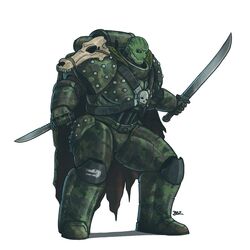  1:1 adeptus_astartes animal_humanoid armor blazbaros bone cape cloak clothing combat_knife crocodilian crocodilian_humanoid dual_wielding fangs hi_res holding_melee_weapon holding_object holding_sword holding_weapon humanoid humanoid_hands knife machete machine male melee_weapon power_armor reptile reptile_humanoid scales scalie scalie_humanoid scar sharp_teeth skull solo space_marine standing straps studs sword symbol teeth torn_clothing warhammer_(franchise) warhammer_40000 weapon 