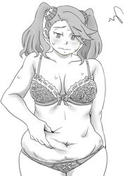  belly belly_grab blush bra breasts cleavage commentary_request fat_rolls female frilled_bra frills greyscale gundam gundam_build_fighters gundam_build_fighters_try hair_ornament highres long_hair medium_breasts mizu_kane monochrome navel panties plump sazaki_kaoruko sweat twintails underwear weight_conscious 