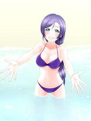  beach bikini breasts cleavage collarbone commentary_request day female green_eyes grin groin hair_between_eyes long_hair looking_at_viewer love_live! love_live!_school_idol_project medium_breasts navel outdoors outstretched_arms ponytail purple_bikini purple_hair roaru_(gyuren) smile solo standing swimsuit tojo_nozomi very_long_hair wading 