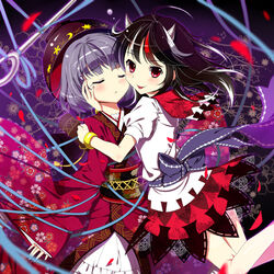  2girls :p bad_id bad_pixiv_id black_hair bowl bracelet closed_eyes cnm floral_print grey_horns horns japanese_clothes jewelry kijin_seija kimono light_purple_hair multicolored_hair multiple_girls needle obi oversized_object red_eyes sash short_hair small_horns sukuna_shinmyoumaru tears tongue tongue_out touhou 