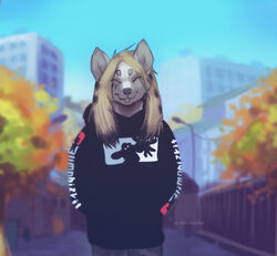  anthro blonde_hair canid canine canis city closed_eyes clothing female fur grey_nose hair koul koul_fardreamer mammal solo tongue tongue_out wolf 