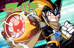  1boy arm_cannon bass_(mega_man) character_name clenched_hand commentary_request electricity helmet male_focus mega_man_(classic) mega_man_(series) mike_luckas photoshop_(medium) red_eyes scarf signature solo watermark weapon web_address 