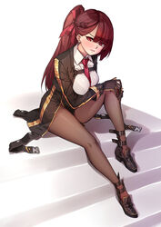  absurdres asymmetrical_bangs bangs between_breasts black_footwear blush bra bra_through_clothes braid breasts brown_hair closed_mouth commentary eyebrows_visible_through_hair girls_frontline half_updo highres jacket knee_up large_breasts long_hair looking_at_viewer necktie necktie_between_breasts open_clothes open_jacket pantyhose ponytail purple_hair red_eyes red_neckwear see-through shoes sitting solo stairs tsurime underwear wa2000_(girls_frontline) yin-ting_tian 