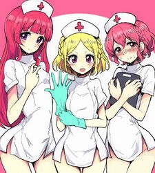  1boy 2girls :d blonde_hair clipboard commentary_request gloves hat hojo_sophy long_hair midorikaze_fuwari mole mole_under_eye motsuaki multiple_girls no_pants nurse nurse_cap open_mouth otoko_no_ko pink_hair pretty_series pripara purple_eyes red_hair reona_west rubber_gloves sandwiched short_hair smile syringe 