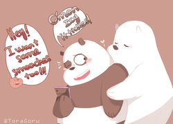  bear blush brown_bear cartoon_network dialogue duo electronics english_text giant_panda grizzly_(we_bare_bears) grizzly_bear heart_symbol hi_res hug ice_bear_(we_bare_bears) kissing male male/male mammal monochrome overweight panda_(we_bare_bears) phone polar_bear pseudo_incest_(lore) sepia simple_background spooning text toragoru ursine we_bare_bears 