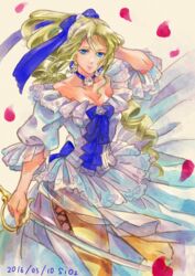  blonde_hair blue_eyes breasts celes_chere cleavage commentary_request dress female final_fantasy final_fantasy_vi long_hair looking_at_viewer sio2_(nisankakeiso) smile solo 