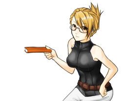  alternate_costume alternate_hairstyle bare_shoulders belt blonde_hair book brown_eyes capcom eu03 female female glasses gyakuten_saiban gyakuten_saiban_3 hair_up halterneck kamiya_kirio light_smile simple_background sleeveless sleeveless_turtleneck smile solo white_background 