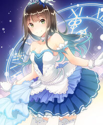  bare_shoulders breasts brown_hair cleavage commentary_request dress female gloves green_eyes idolmaster idolmaster_cinderella_girls idolmaster_cinderella_girls_starlight_stage long_hair looking_at_viewer medium_breasts meganei pendant_watch photoshop_(medium) shibuya_rin smile solo starry_sky_bright_(idolmaster) thighhighs tiara watch 