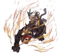  animal_ears animal_hands armlet bare_shoulders belt bent_over blue_eyes bug butterfly cat_ears cat_paws claws dark-skinned_female dark_skin dress erune feathers female flower full_body granblue_fantasy grey_hair hair_flower hair_ornament holding holding_weapon melleau minaba_hideo official_art open_mouth pelvic_curtain polearm riding sachy short_hair side_slit sitting solo sparkle spear thighhighs transparent_background weapon yellow_thighhighs 