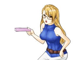  bare_shoulders belt blonde_hair book brown_eyes capcom eu03 female female glasses gyakuten_saiban gyakuten_saiban_2 halterneck kamiya_kirio long_hair open_mouth simple_background sleeveless sleeveless_turtleneck solo white_background 