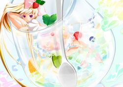  barefoot blonde_hair boots bow cherry cup dress female food food_themed_clothes fruit gelatin hairbow highres in_container in_cup jello kiwi kiwifruit long_hair orange original puffy_sleeves smile solo spoon strawberry very_long_hair white_dress 