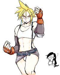  1boy abs belt blonde_hair blue_eyes blush chibi chibi_inset clenched_hands cloud_strife cosplay crop_top crossdressing earrings female final_fantasy final_fantasy_vii fingerless_gloves flying_sweatdrops gloves highres jewelry long_hair looking_at_another low_ponytail male_focus midriff miniskirt muscular muscular_male navel panties pantyshot simple_background skirt smile solo_focus spiked_hair suspenders sweat tifa_lockhart tifa_lockhart_(cosplay) underwear white_background white_panties yellow_kirby 