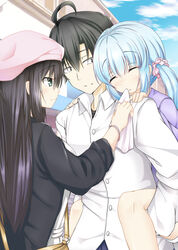  1boy 2girls aged_up ahoge bag black_eyes black_hair black_shirt blue_hair blue_sky blush brown_hair building buttons carrying closed_eyes closed_mouth cloud collared_shirt commentary_request day dress_shirt green_eyes hair_between_eyes hair_ornament hair_scrunchie handkerchief hat highres hikigaya_hachiman holding kawasaki_keika long_hair long_sleeves looking_at_another multiple_girls one_side_up outdoors parted_lips photoshop_(medium) piggyback pink_hat pink_scrunchie purple_shirt scrunchie shirt shoulder_bag sky sleeping smile standing straight_hair tsurumi_rumi white_shirt wing_collar wiping_face wristband yahari_ore_no_seishun_lovecome_wa_machigatteiru. yuu_(oosakazaijyuu) 