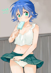  artist_name bad_id bad_pixiv_id blue_hair character_name clothes_lift collarbone cowboy_shot dated female food green_eyes miniru navel panties phyllis_(sennen_sensou_aigis) pleated_skirt popsicle sennen_sensou_aigis short_hair skirt skirt_lift solo sweat tank_top underwear white_panties 