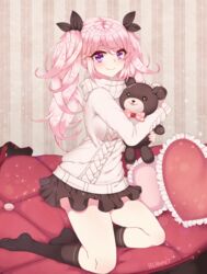  aisha_landar artist_name black_skirt black_socks blanket_(kkbjah) blush bow commentary_request cushion ears_visible_through_hair elsword female frilled_pillow frills full_body hair_ribbon heart heart-shaped_pillow highres hugging_object indoors kneehighs kneeling long_hair long_sleeves looking_at_viewer miniskirt no_shoes pillow pink_hair polka_dot polka_dot_bow purple_eyes ribbon skirt smile socks solo sparkle stuffed_animal stuffed_toy sweater teddy_bear thighs twintails wallpaper_(object) 