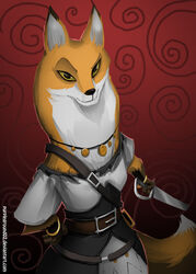  2015 anthro armello black_nose bracelet breasts canid canine clothed clothing female fox fur jewelry league_of_geeks mammal melee_weapon necklace orange_body orange_fur purpleground02 scarlet_(armello) solo sword weapon white_body white_fur yellow_eyes 