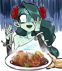  alani alien battleborn blue_skin carp female fish fish_girl food hair_flowers long_hair shocked webbed_hands 