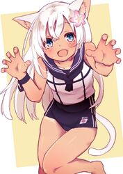  amacha anchor animal_ears armband blue_eyes blush cat_ears cat_tail claw_pose commentary_request female flower hair_flower hair_ornament kantai_collection kemonomimi_mode legs long_hair looking_at_viewer oerba_yun_fang one-piece_swimsuit open_mouth ro-500_(kancolle) school_swimsuit school_uniform serafuku simple_background solo standing swimsuit swimsuit_under_clothes tail tan tanlines thigh_gap thighs white_hair 