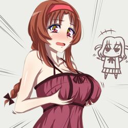  2girls bad_id bad_pixiv_id blush braid breast_hold breasts brown_eyes brown_hair cleavage d-frag! dress grabbing grabbing_own_breast hairband large_breasts long_hair minahase_karin multiple_girls shibasaki_roka takao_(d-frag!) 