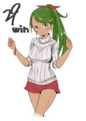  alternate_costume alternate_hairstyle bracelet breasts commentary_request covered_navel dark-skinned_female dark_skin earrings female green_eyes green_hair hair_ribbon highres hoop_earrings jewelry long_hair looking_at_viewer mallow_(pokemon) medium_breasts ninchan pokemon pokemon_sm ponytail raglan_sleeves red_ribbon red_shorts ribbon shorts simple_background solo sweater turtleneck turtleneck_sweater white_background white_sweater 