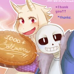  1:1 animated_skeleton ask-soriel bone boss_monster_(undertale) bovid caprine dessert duo english_text food fur horn long_ears mammal pastry pie sans_(undertale) sintastein skeleton smile sorihell text toriel undead undertale undertale_(series) white_body white_fur 