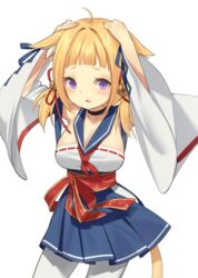  animal_ears ariake_(azur_lane) azur_lane bare_shoulders blonde_hair blue_skirt breasts choker cleavage collarbone commentary_request ears_down female hand_on_own_ear hands_on_own_head kildir large_breasts looking_at_viewer pantyhose purple_eyes short_hair short_twintails skirt solo tail twintails 