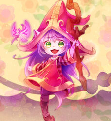  animal_ears colored_skin commentary_request ears_through_headwear fangs female green_eyes hat league_of_legends long_hair looking_at_viewer lulu_(league_of_legends) mizoreame open_mouth pantyhose pix_(league_of_legends) purple_hair purple_skin staff striped striped_sleeves very_long_hair witch_hat yordle 