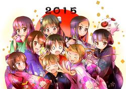  &gt;:( &gt;:) &gt;_&lt; 1boy 2015 6+girls :3 absurdres black_hair black_kimono blue_kimono brother_and_sister brown_eyes brown_hair closed_eyes commentary_request floral_print frown green_kimono hanawa_kaoru highres horns japanese_clothes jealous kimono light_brown_hair mitani_kanae miyoshi_chihiro momoneko-sama multiple_girls o_o okazaki_norie pink_kimono red_kimono sakurada_maon sawatari_fuu sawatari_kou sheep_horns shinoda_komachi siblings smile tamayura tomo_(tamayura) twintails v v-shaped_eyebrows yellow_kimono yuraku_(mhmu3425) 