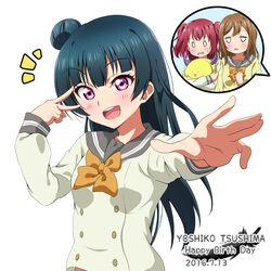  0_0 3girls :d blue_hair blush brown_hair character_name commentary_request dated hair_bun happy_birthday jitome kei_(0497) kunikida_hanamaru kurosawa_ruby long_hair love_live! love_live!_sunshine!! multiple_girls open_mouth purple_eyes red_hair school_uniform serafuku single_hair_bun smile speech_bubble stuffed_toy sweatdrop tsushima_yoshiko two_side_up uranohoshi_school_uniform 