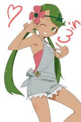  clenched_teeth commentary_request dark-skinned_female dark_skin double_v female flower green_eyes green_hair green_hairband grey_shorts hair_flower hair_ornament hairband long_hair looking_at_viewer mallow_(pokemon) ninchan one_eye_closed pokemon pokemon_sm shorts simple_background smile solo teeth twintails v white_background 