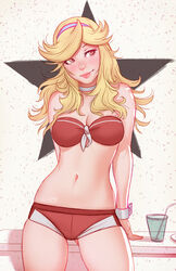  bare_shoulders blonde_hair blush breasts cleavage female gradient gradient_background hairband honey_(space_dandy) jonathan_hamilton long_hair navel red_eyes smile solo space_dandy standing swimsuit tsuaii 