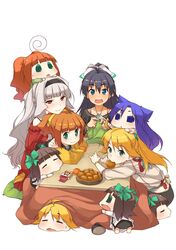  6+girls absurdres afuu akane_yuki brown_hair card chibi chihyaa food fruit ganaha_hibiki green_eyes grey_hair haruka-san highres hoshii_miki idolmaster idolmaster_(classic) kotatsu long_hair mandarin_orange multiple_girls playing_card puchimasu! shijou_takane table takatsuki_yayoi under_kotatsu under_the_table white_background yayo yukipo 