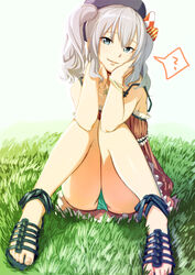  ? aiueonesan_(umanaminoatama) alternate_costume aqua_panties bad_id bad_pixiv_id bare_legs bare_shoulders blue_eyes casual clover collarbone commentary_request dress elbows_on_knees female grass green_panties grey_hair hands_on_own_cheeks hands_on_own_face hat kantai_collection kashima_(kancolle) light_smile lips long_hair looking_at_viewer panties pantyshot photoshop_(medium) red_dress sandals short_dress sitting solo spoken_question_mark strap_slip thighs toes twintails underwear upskirt wavy_hair 