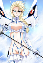  bad_id bad_pixiv_id biting_own_lip blonde_hair blue_eyes boots braid breasts cleavage cleavage_cutout clothing_cutout commentary_request cosplay elsa_(frozen) female frozen_(disney) garter_straps hair_ornament hair_over_shoulder hairclip highres junketsu kago-tan katana kill_la_kill kiryuuin_satsuki kiryuuin_satsuki_(cosplay) large_breasts long_hair looking_at_viewer navel photoshop_(medium) revealing_clothes single_braid solo suspenders sword thigh_boots thigh_gap thighhighs tsurime vector_trace weapon 